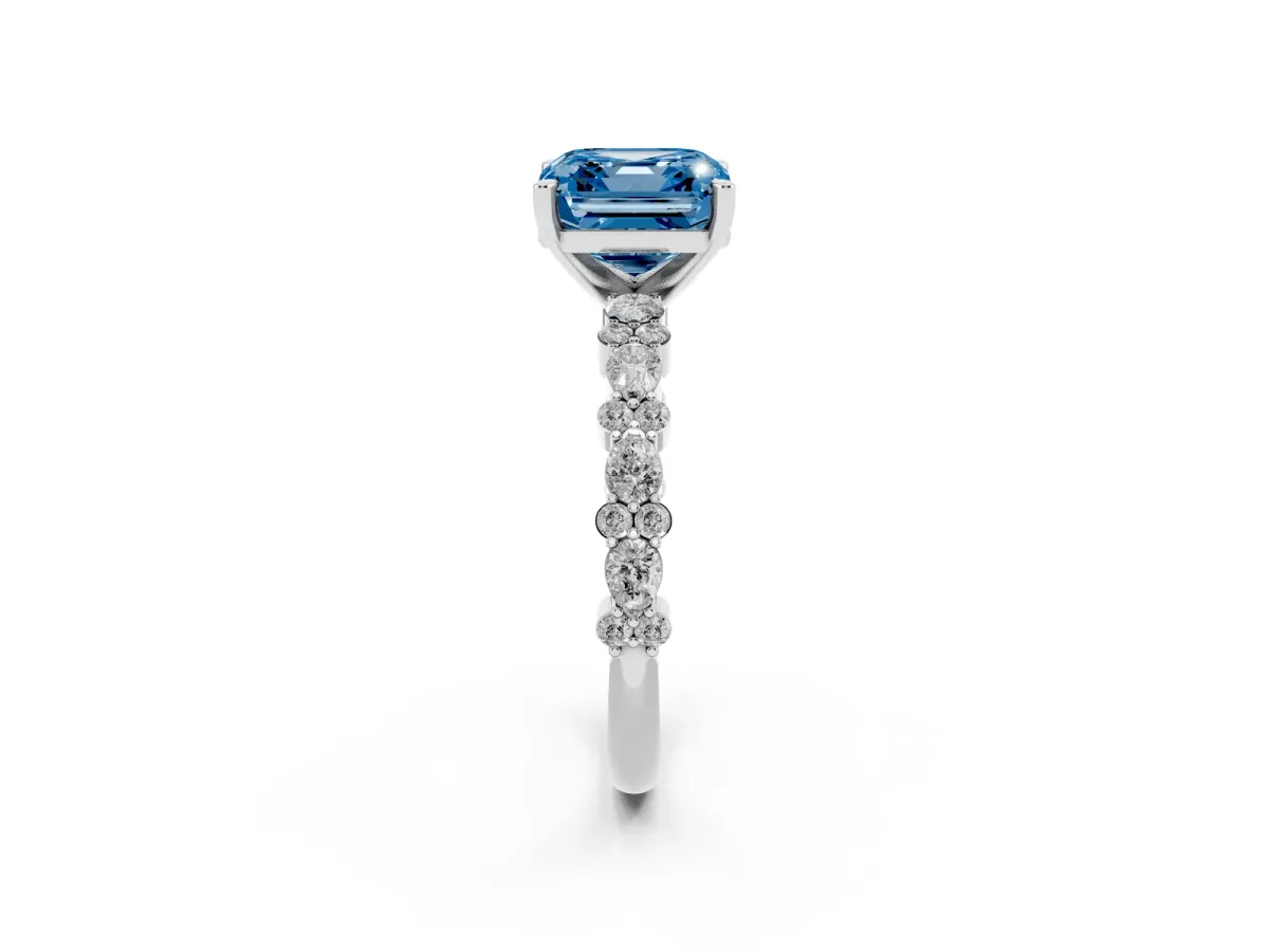 Fancy Blue Asscher Cut Diamond Side Stone Solitaire Ring with Round and Four-Prong Setting Platinum