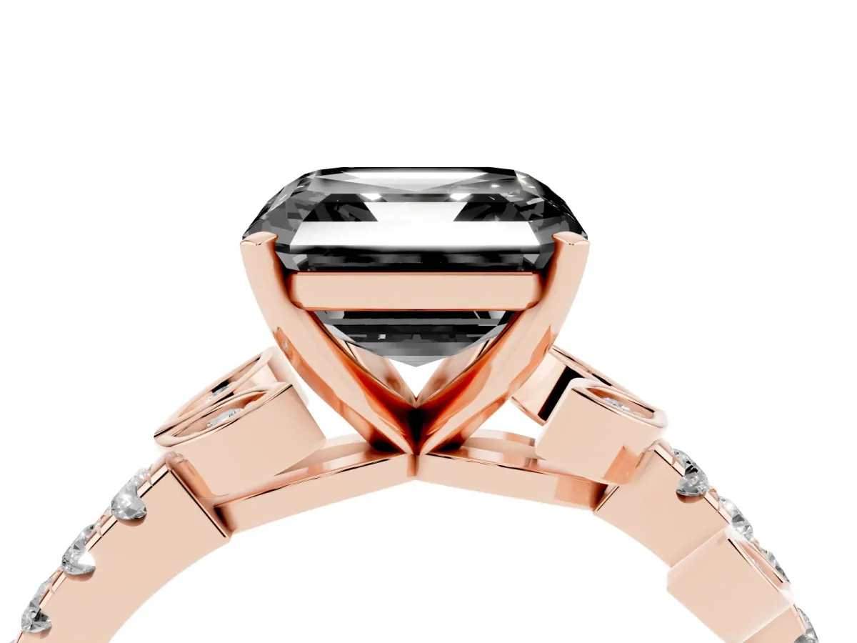 Fancy Black Asscher Cut Solitaire Leaf-Inspired Diamond Ring with Pavé Band and Four-Prong Setting Rose gold