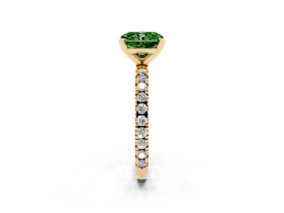 Fancy Green Radiant Cut Diamond Pavé Band Solitaire with Four-Prong Setting Yellow gold