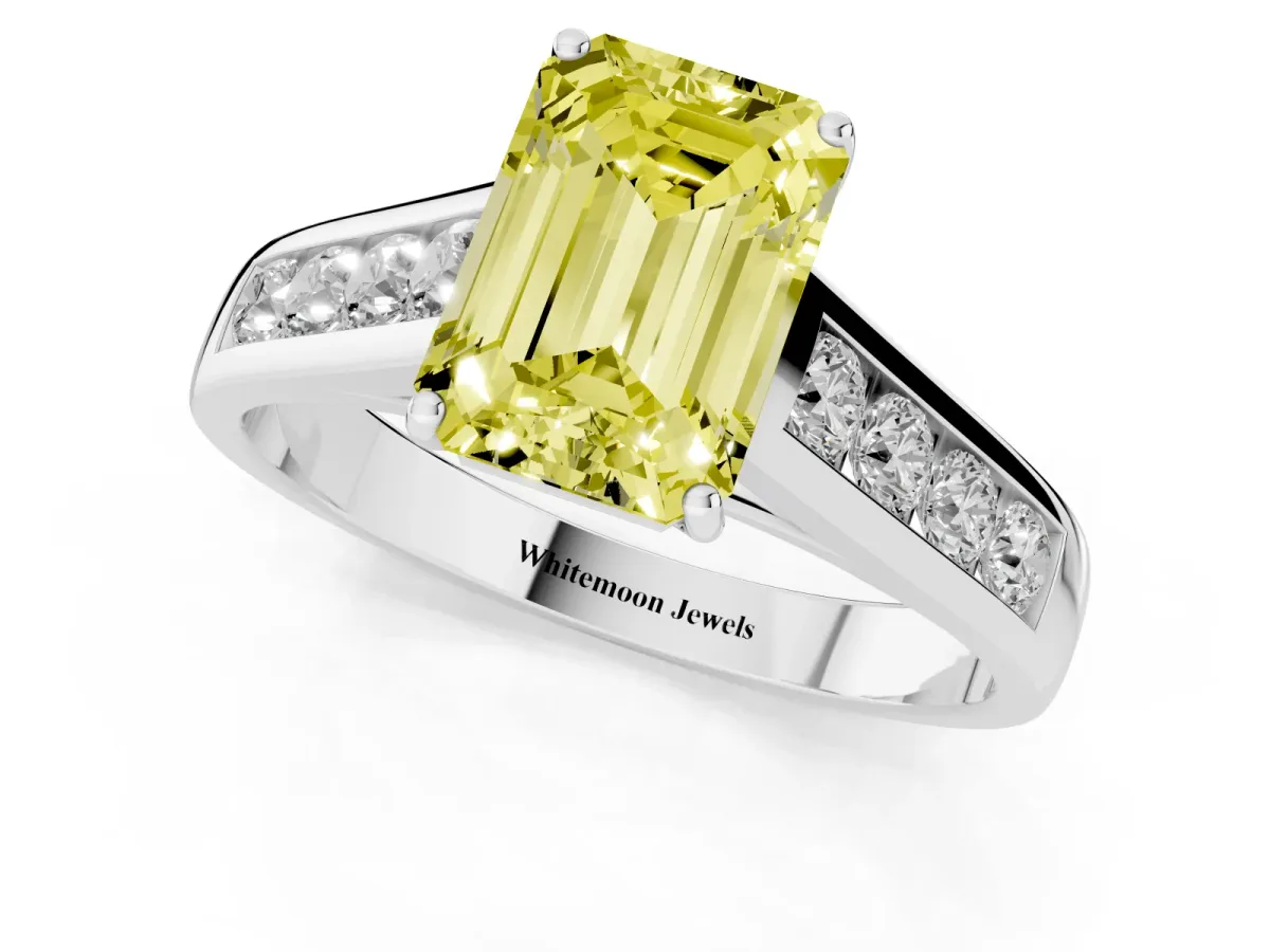 Fancy Yellow Emerald Cut Solitaire Channel-Set Diamond Engagement Ring with Four-Prong Setting Silver