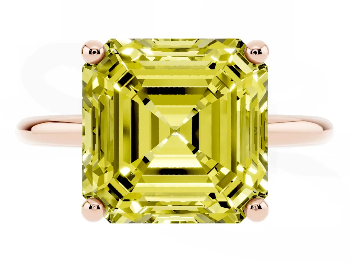 Fancy Yellow Asscher Cut Solitaire Diamond Ring with 4-Prong Setting on a Classic Band Rose gold