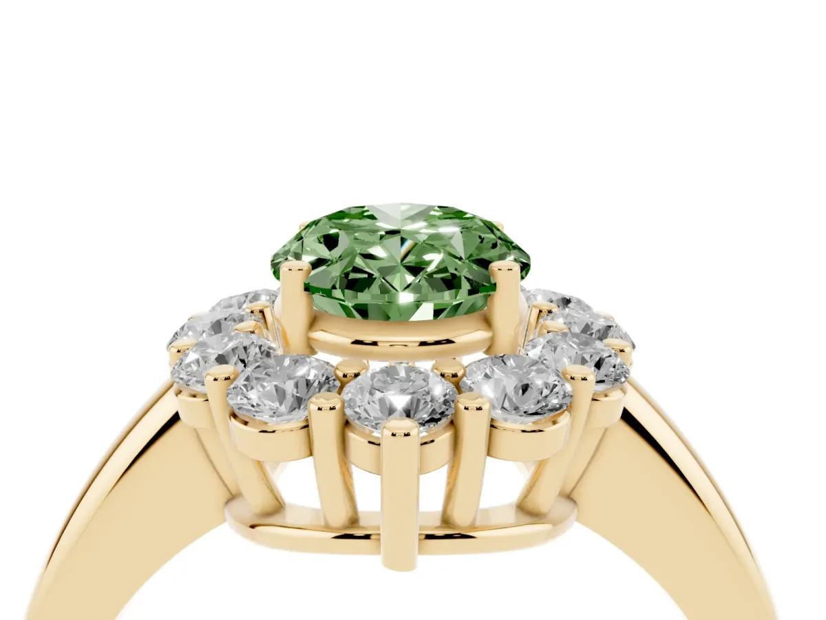 Fancy Green Oval Cut Halo Cluster Diamond Engagement Ring with Prong Setting and Polished Band Yellow gold