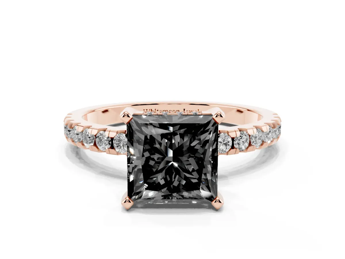 Fancy Black Princess Cut Diamond Solitaire Ring with Round Pavé Band and Four-Prong Setting Rose gold