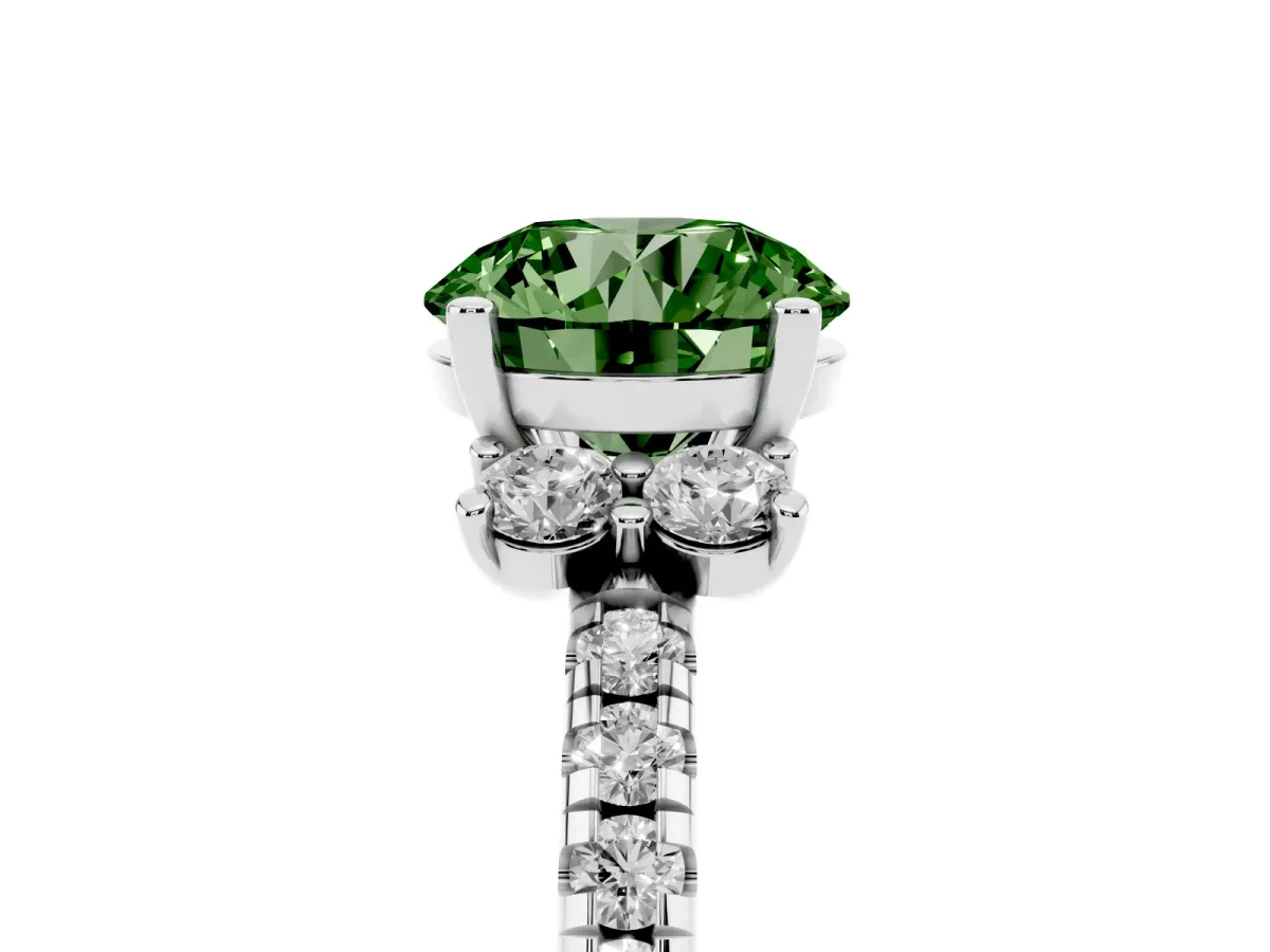 Fancy Green Round Cut Diamond Three-Stone Pave Band with Four-Prong Setting Silver