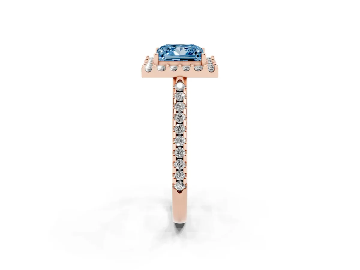 Fancy Blue Princess Cut Diamond Pavé Halo Ring with Four-Prong Setting Rose gold