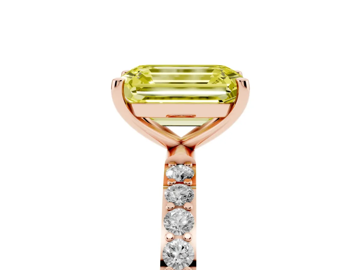Fancy Yellow Emerald Cut Diamond Solitaire Ring with Round Pavé Shoulders and Prong Setting Rose gold
