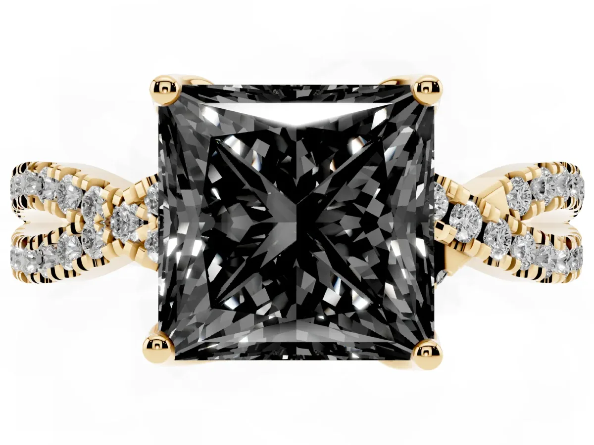 Fancy Black Princess Cut Solitaire Twist Pave Diamond Engagement Ring with Prong Setting Yellow gold