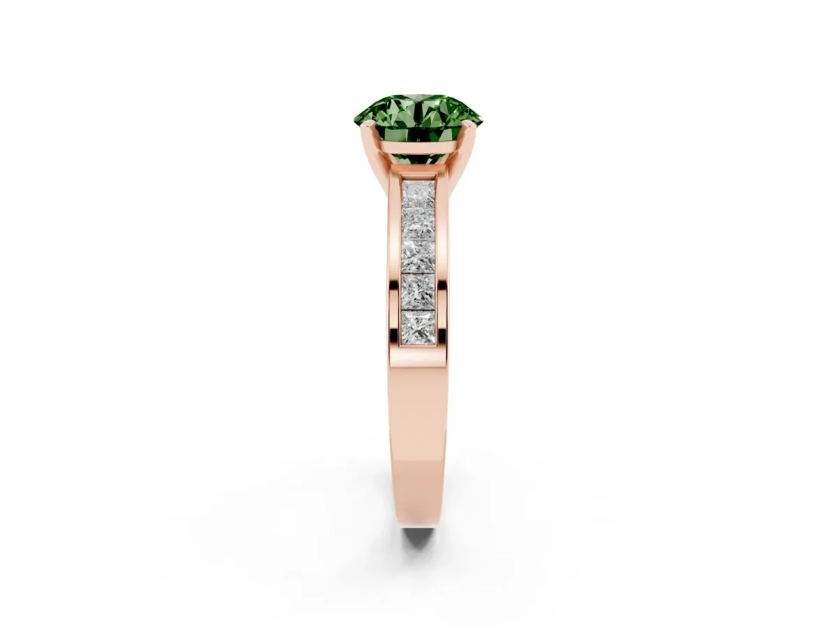 Fancy Green Round Cut Solitaire Diamond Ring with Channel-Set Band and Four-Prong Setting Rose gold