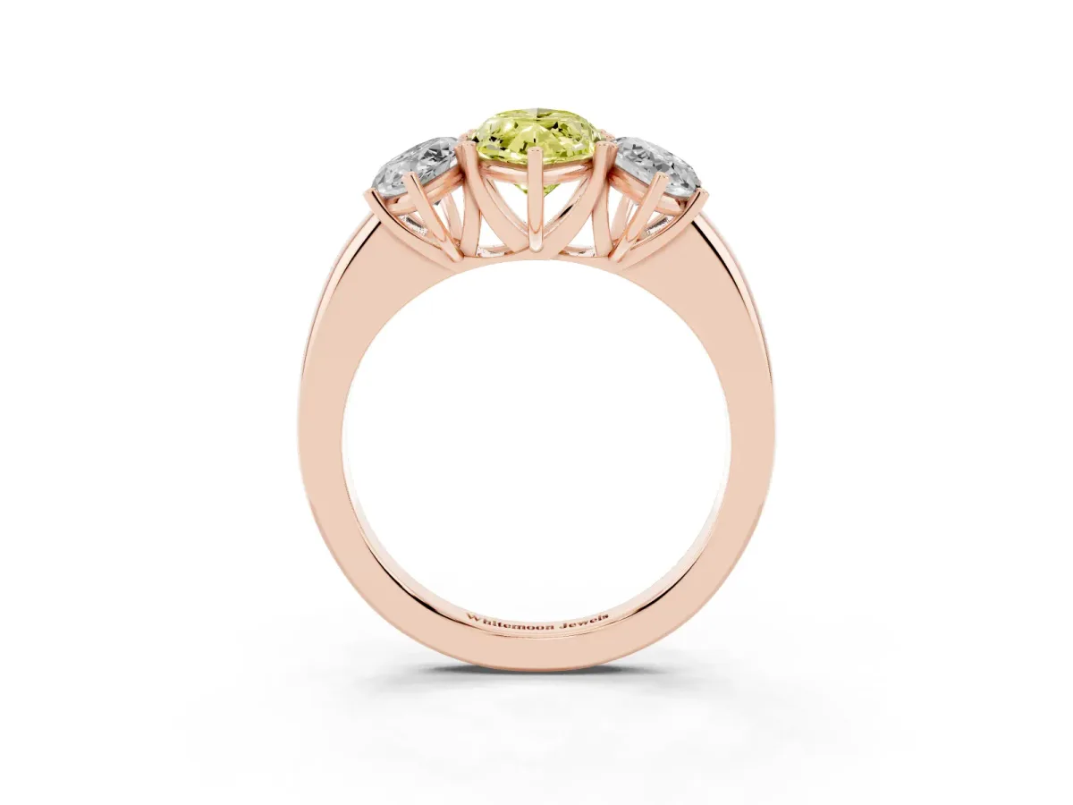 Fancy Yellow Marquise Cut Diamond Three-Stone Ring with Four-Prong Setting and Classic Band Rose gold