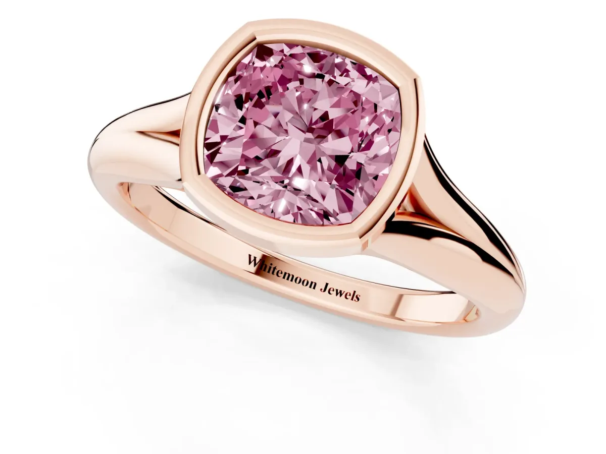 Fancy Pink Bezel Set Cushion Cut Solitaire Diamond Ring with Smooth Band Rose gold