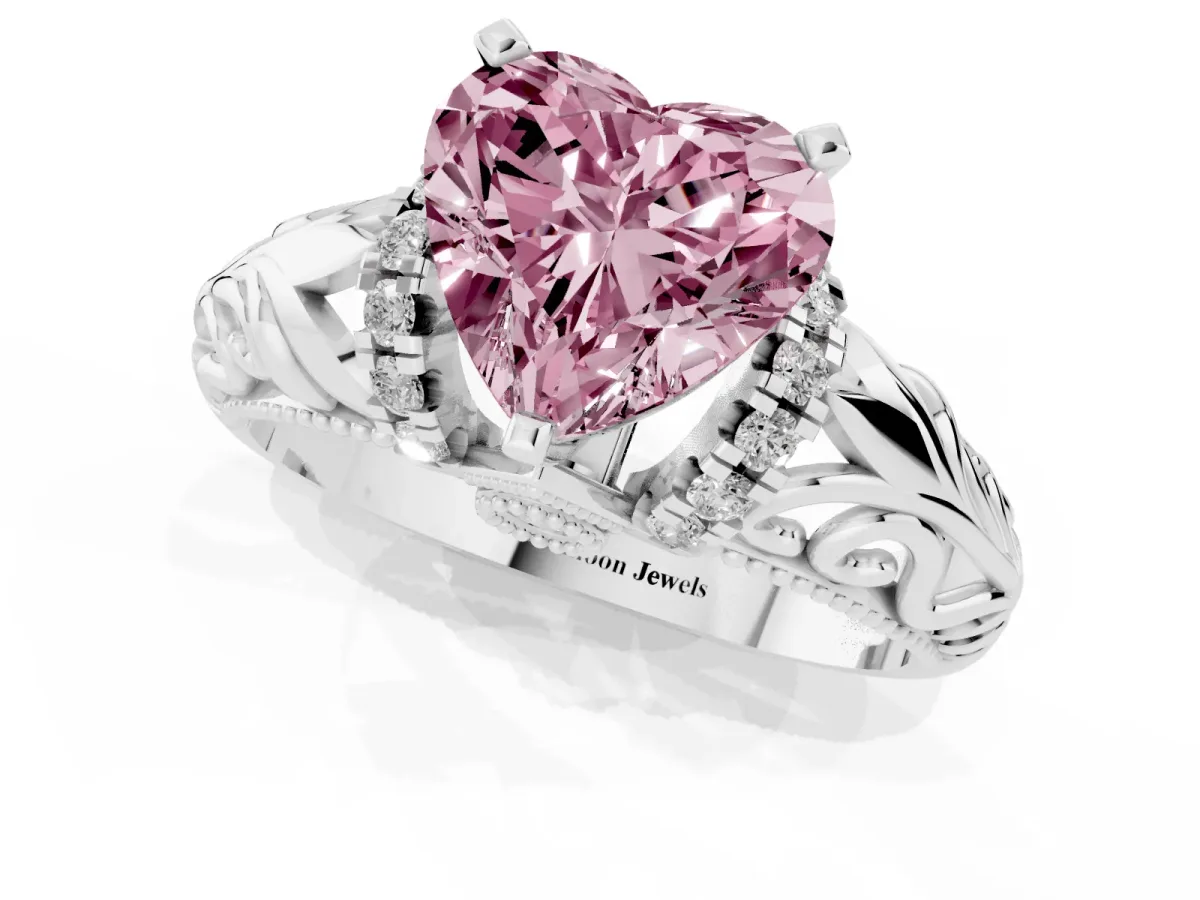 Fancy Pink Heart Cut Solitaire Filigree Engagement Ring with Halo and Prong Setting Platinum