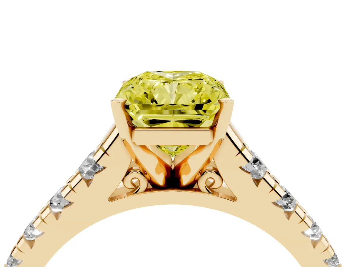 Fancy Yellow Radiant Cut Diamond Cathedral Solitaire Ring with Round Pavé Band Yellow gold