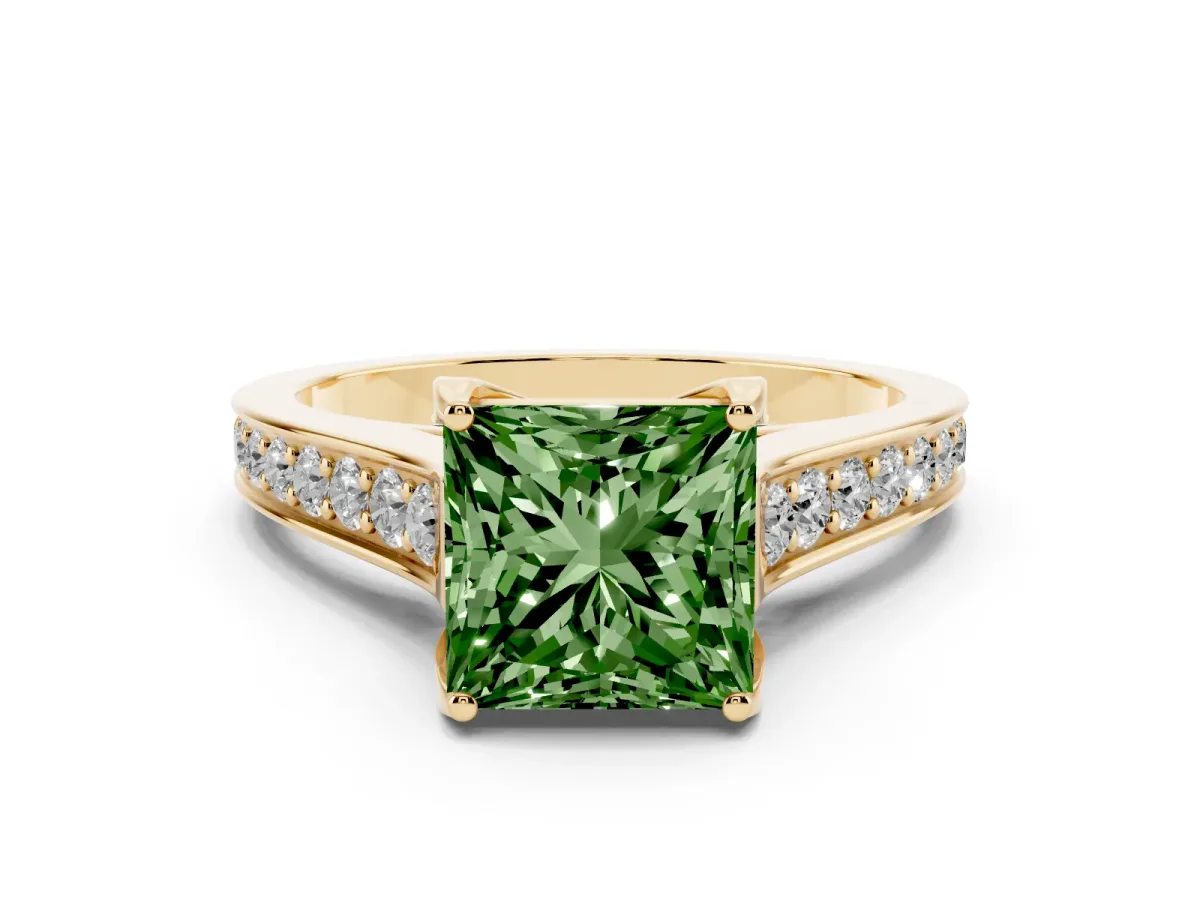 Fancy Green Princess Cut Brilliant Cut Diamond Engagement Ring with Pavé Band and Four-Prong Setting Yellow gold