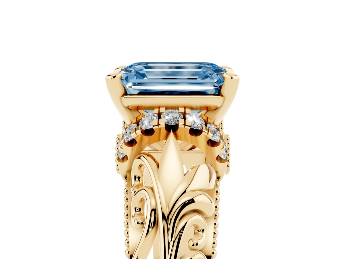 Fancy Blue Emerald Cut Solitaire Filigree Engagement Ring with Halo and Prong Setting Yellow gold