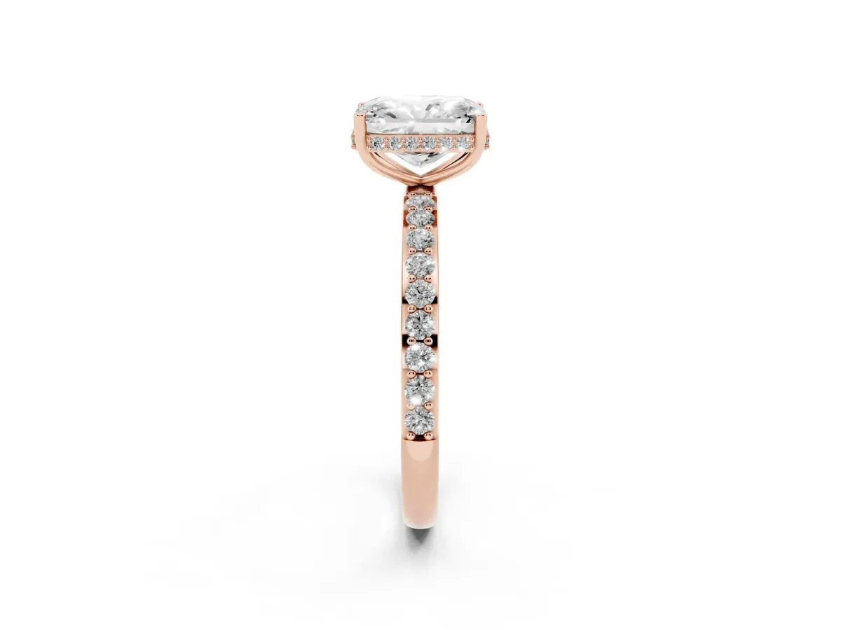 Radiant Cut Diamond Solitaire Ring with Pavé Band and Hidden Halo Rose gold