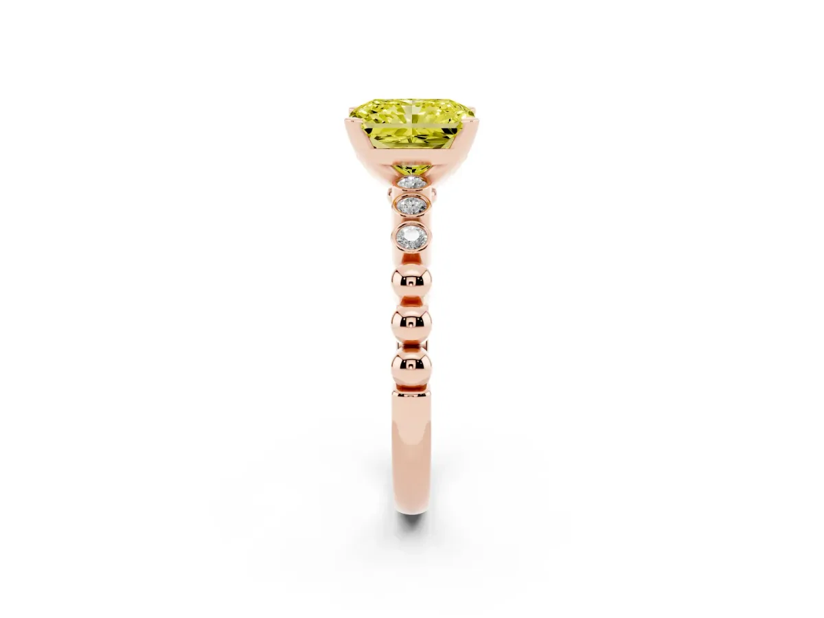 Fancy Yellow Radiant Cut Solitaire Bezel Accent Diamond Engagement Ring with Beaded Band and Four-Prong Setting Rose gold