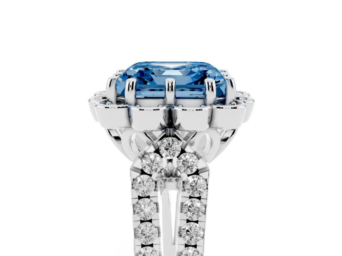 Fancy Blue Asscher Cut Halo Diamond Floral Split Shank Engagement Ring Platinum