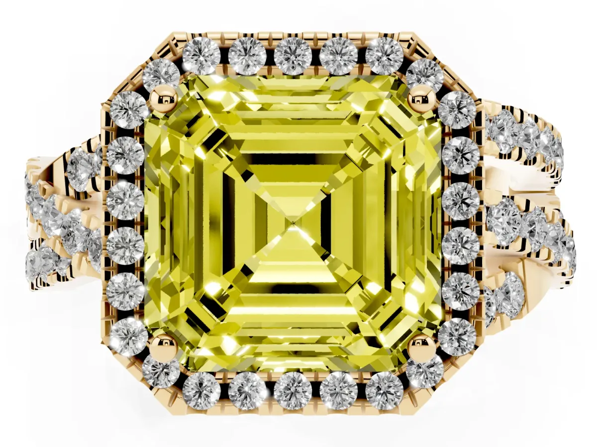 Fancy Yellow Asscher Cut Diamond Halo Ring with Round Split Shank and Prong Setting Yellow gold