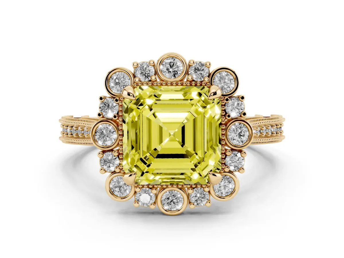 Fancy Yellow Asscher Cut Halo Milgrain Pave Diamond Ring with Four-Prong Setting Yellow gold