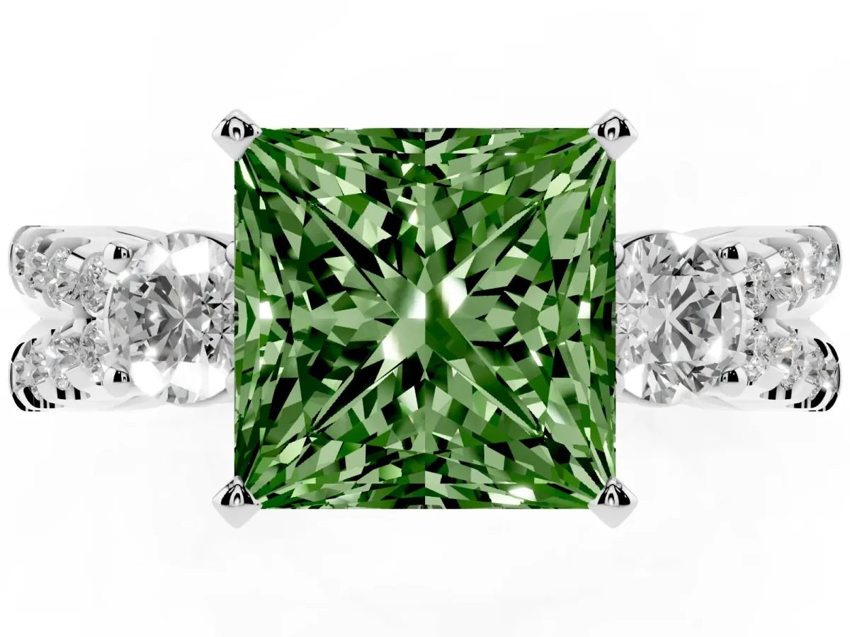 Fancy Green Princess Cut Diamond Three-Stone Ring with Pavé Split Shank and Four-Prong Setting Platinum