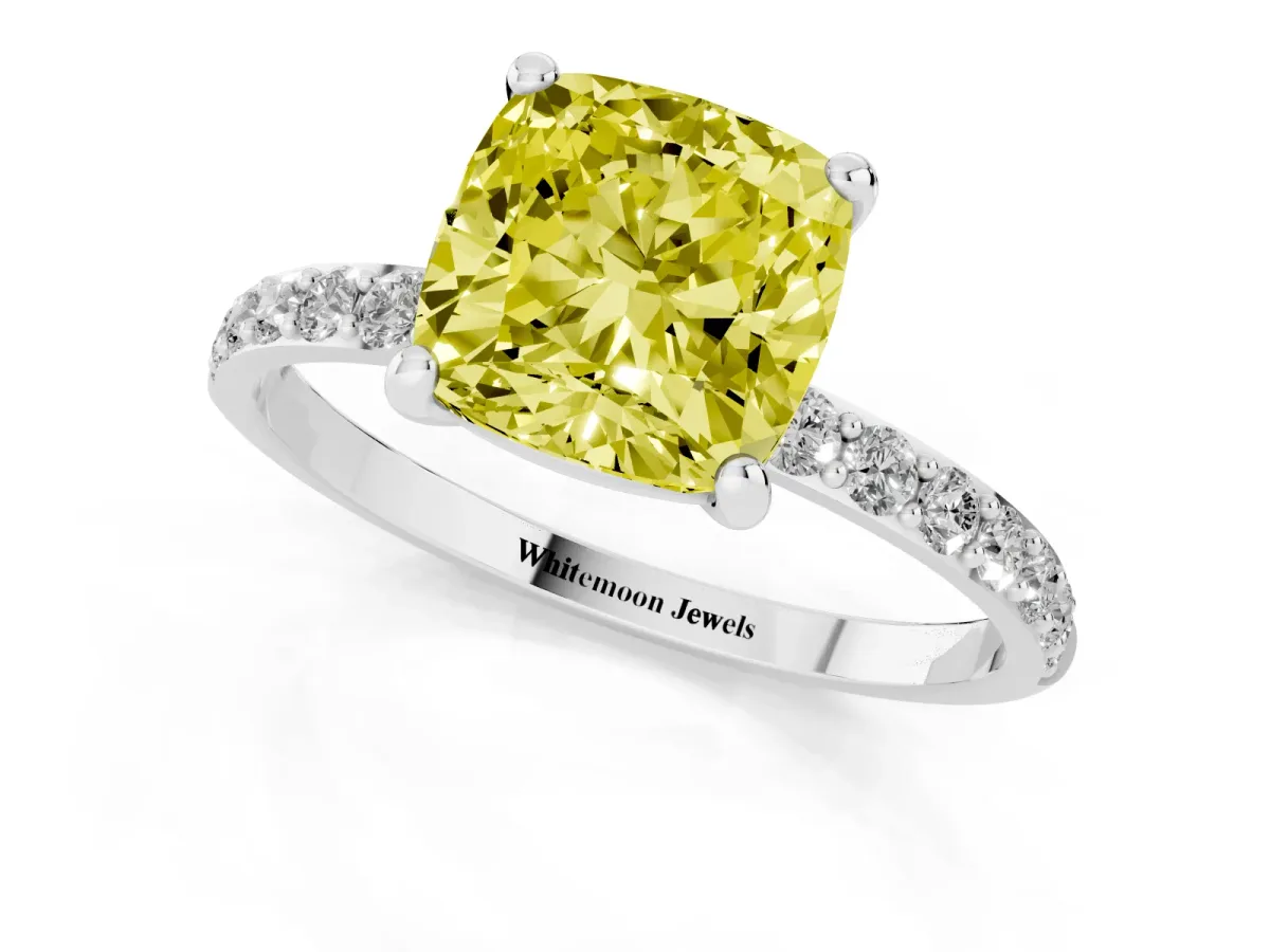 Fancy Yellow Cushion Cut Diamond Solitaire Ring with Round Pavé Band and Prong Setting Silver