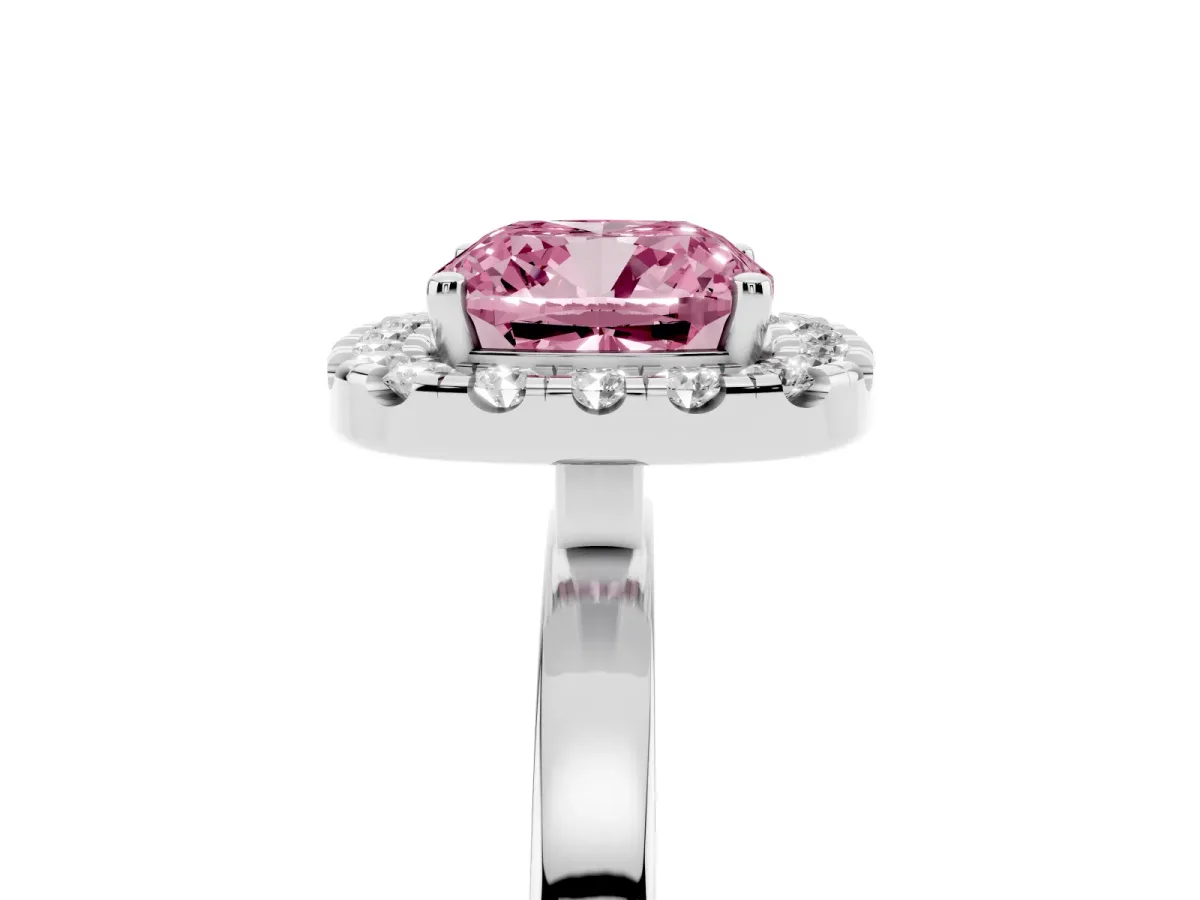 Fancy Pink Cushion Cut Halo Diamond Solitaire with Pavé Band and Four-Prong Setting White gold