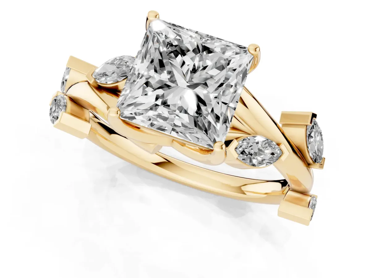 Princess Cut Solitaire Twisted Band Marquise Accent Prong Setting Ring Yellow gold