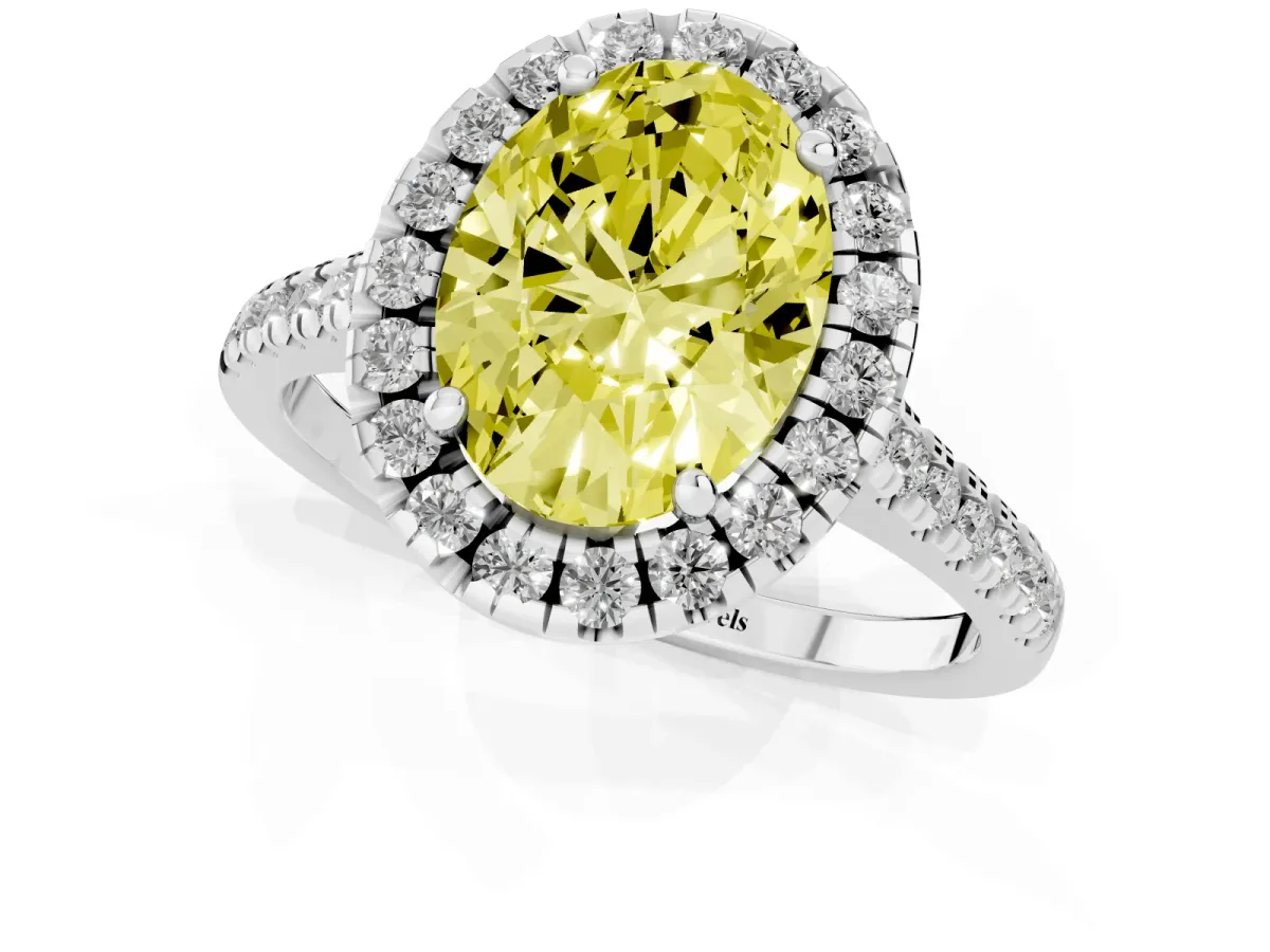 Fancy Yellow Oval Cut Diamond Cushion Halo Ring with Pavé Band Silver