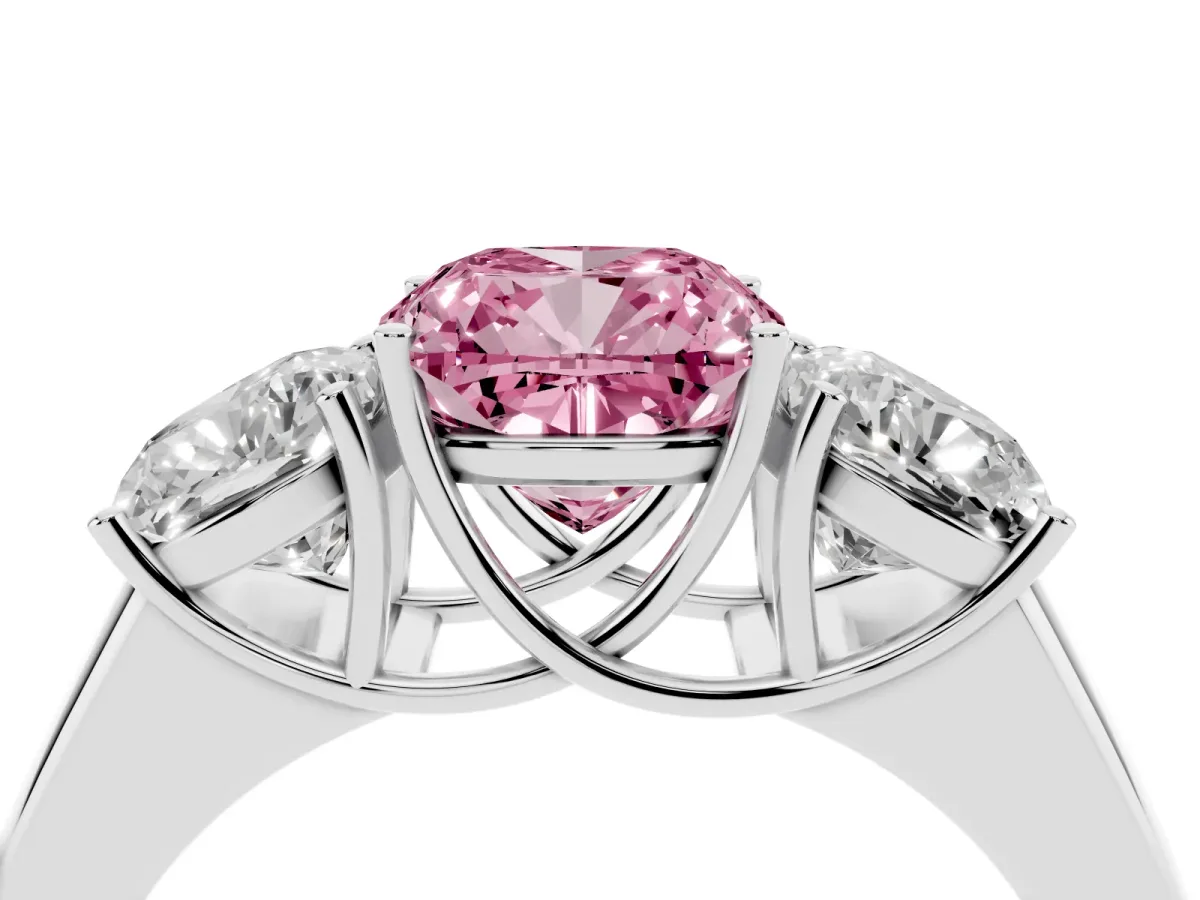 Fancy Pink Three-Stone Cushion Cut Cut Diamond Ring with Prong Setting and Classic Band Platinum