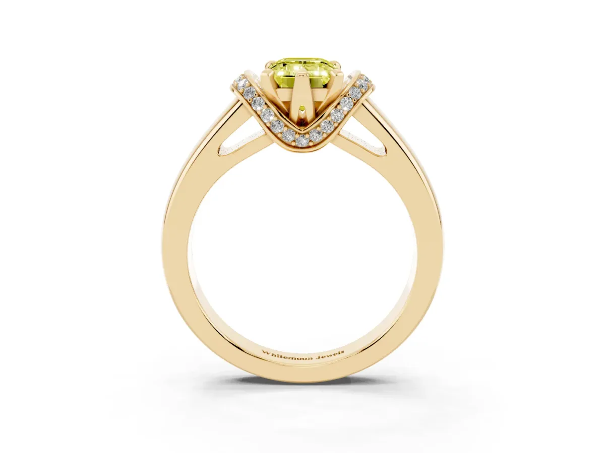 Fancy Yellow Emerald Cut Solitaire Diamond Ring with Pave Band and Six-Prong Setting Yellow gold
