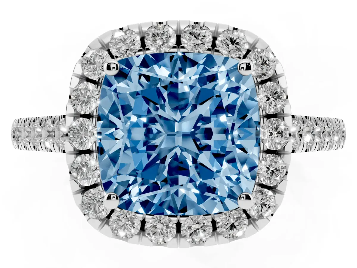 Fancy Blue Cushion Cut Halo Pavé Diamond Engagement Ring with Four-Prong Setting Platinum