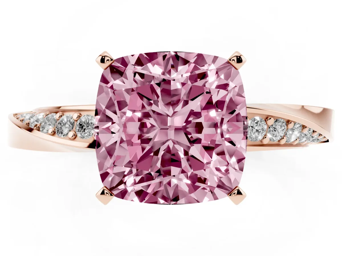 Fancy Pink Cushion Cut Diamond Engagement Ring with Side Stone Accents and Four-Prong Setting Rose gold