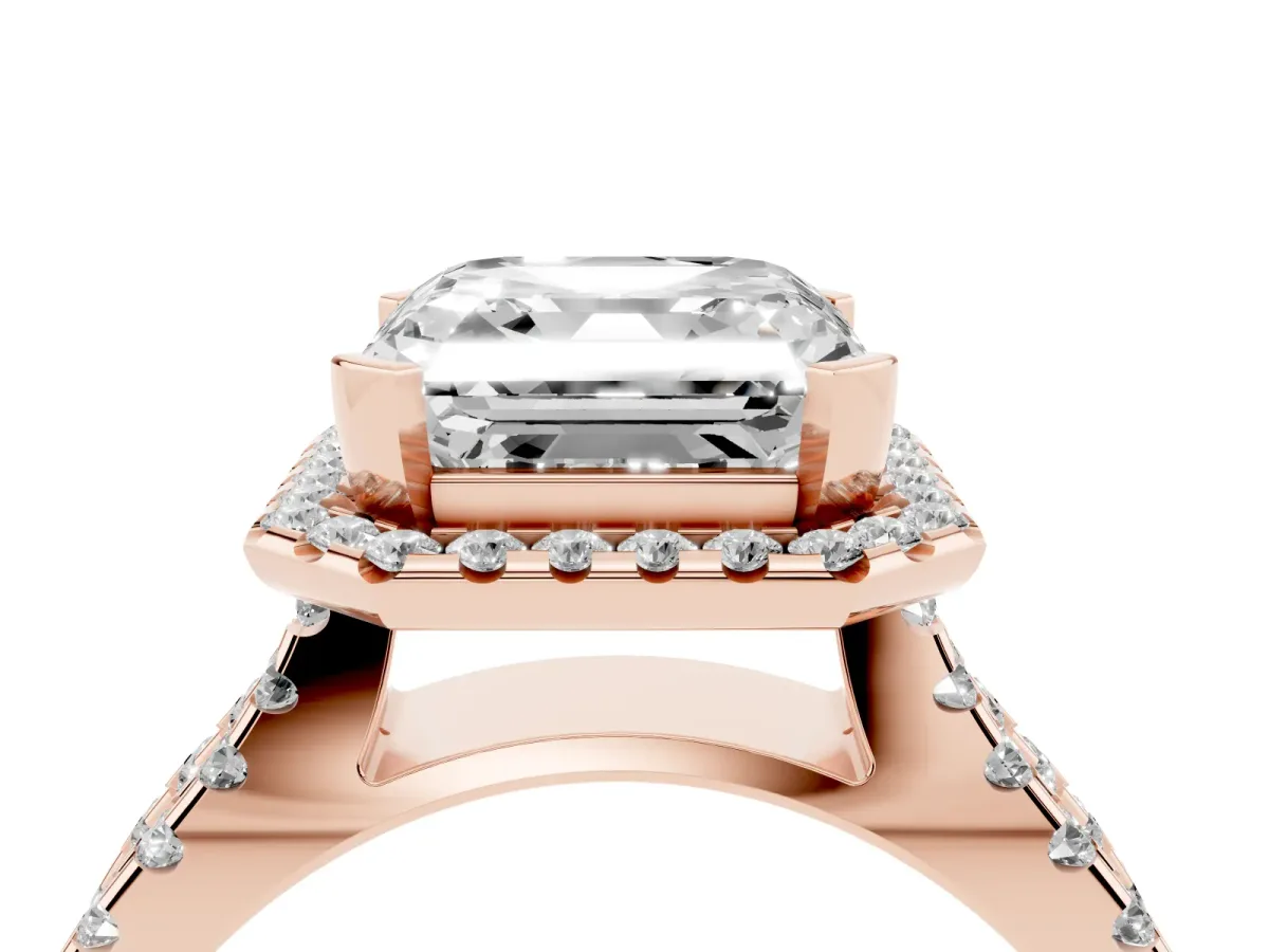 Asscher Cut Diamond Halo Ring with Split Shank Pavé Band and Prong Setting Rose gold