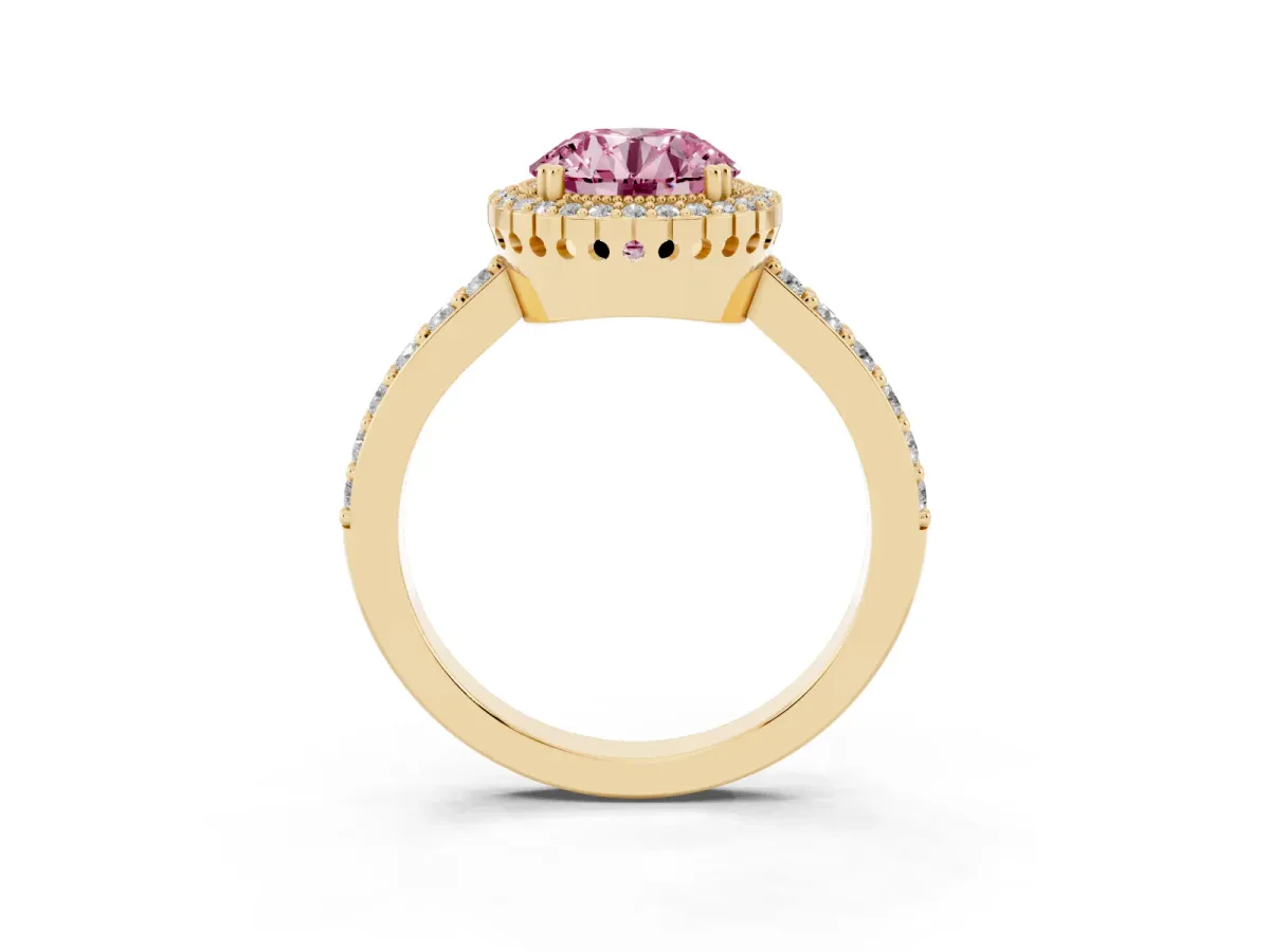 Fancy Pink Round Cut Cut Diamond Halo Engagement Ring with Milgrain Detail and Pavé Band Yellow gold