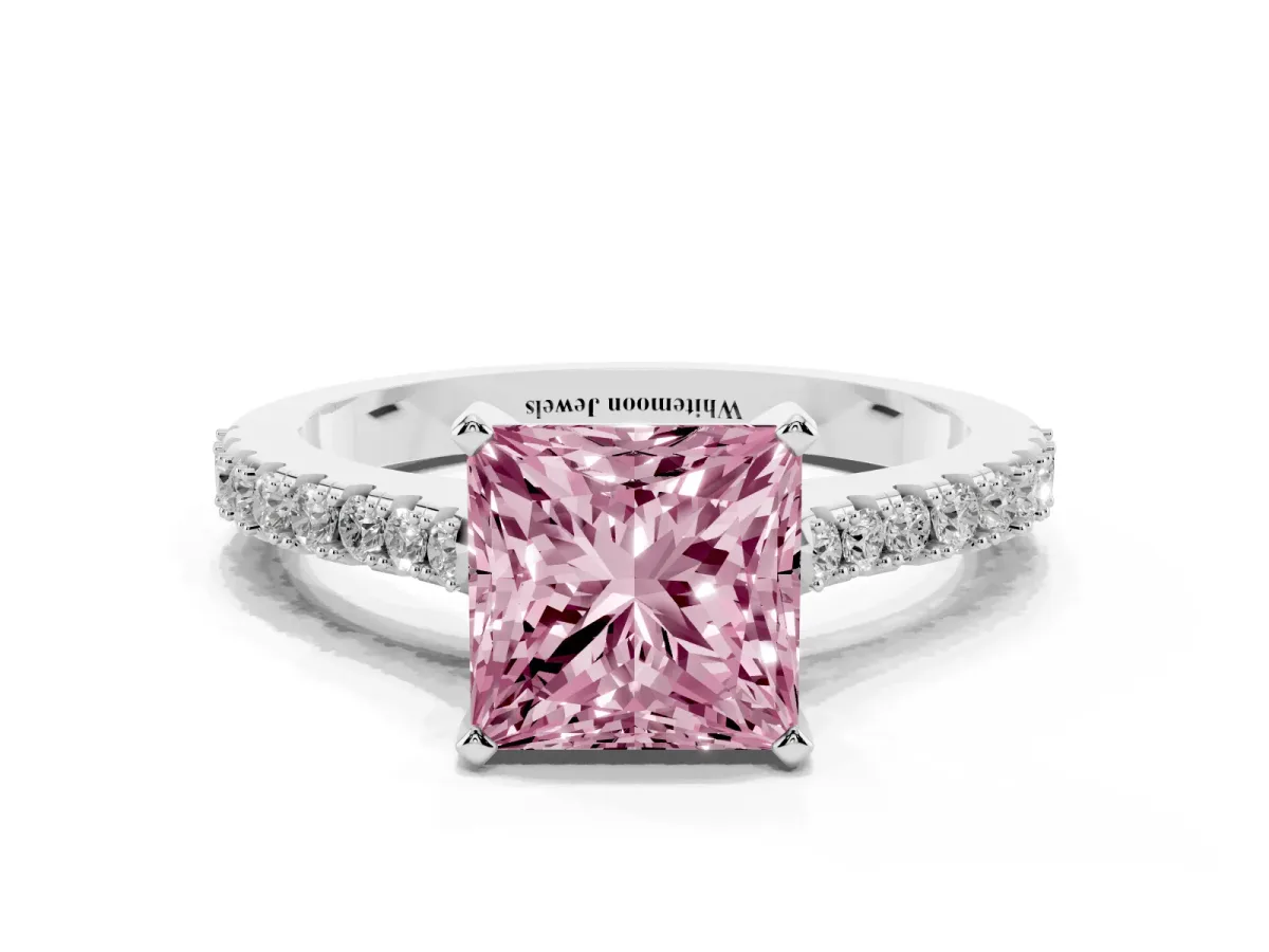 Fancy Pink Princess Cut Cut Solitaire Diamond Engagement Ring with Pave Band and Four-Prong Setting White gold