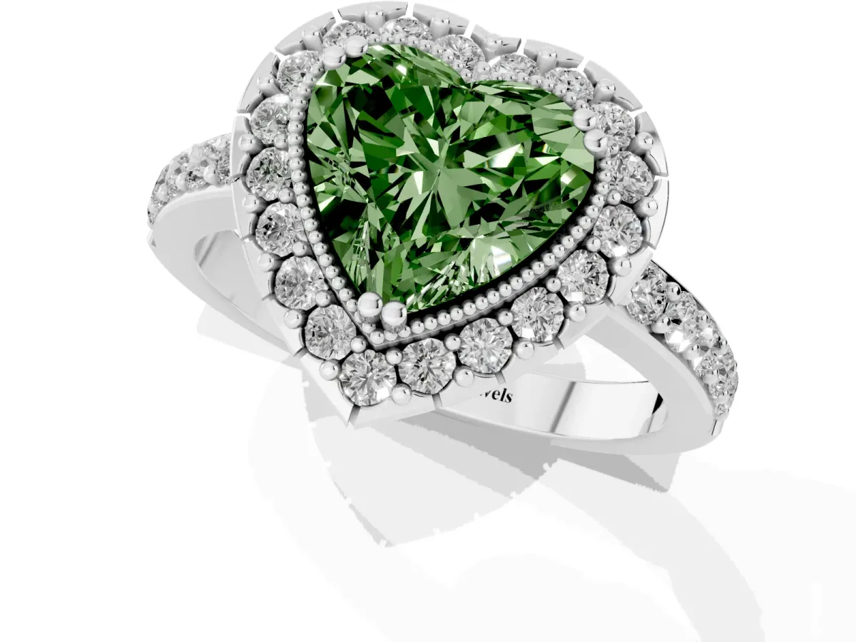 Fancy Green Heart Cut Diamond Halo Ring with Pavé Band and Prong Setting Platinum