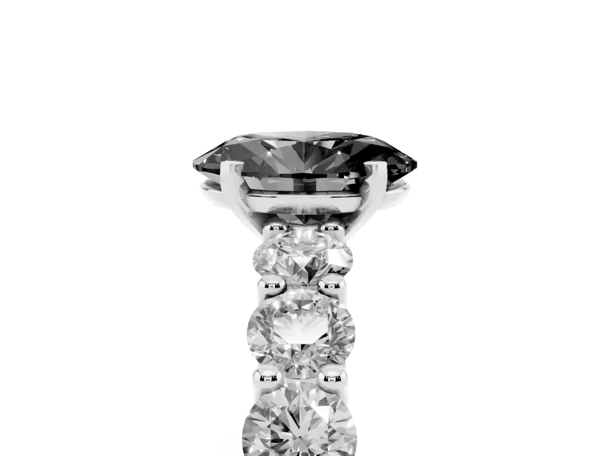 Fancy Black Oval Cut Diamond Prong Setting with Side Stones on a Pave Band Silver