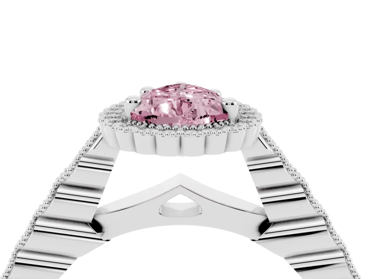 Fancy Pink Pear Cut Cut Halo Pavé Solitaire Ring with Milgrain Band Platinum