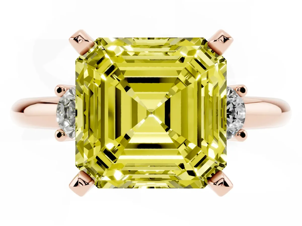 Fancy Yellow Three-Stone Asscher Cut Cut Diamond Solitaire with Prong Setting and Classic Band Rose gold