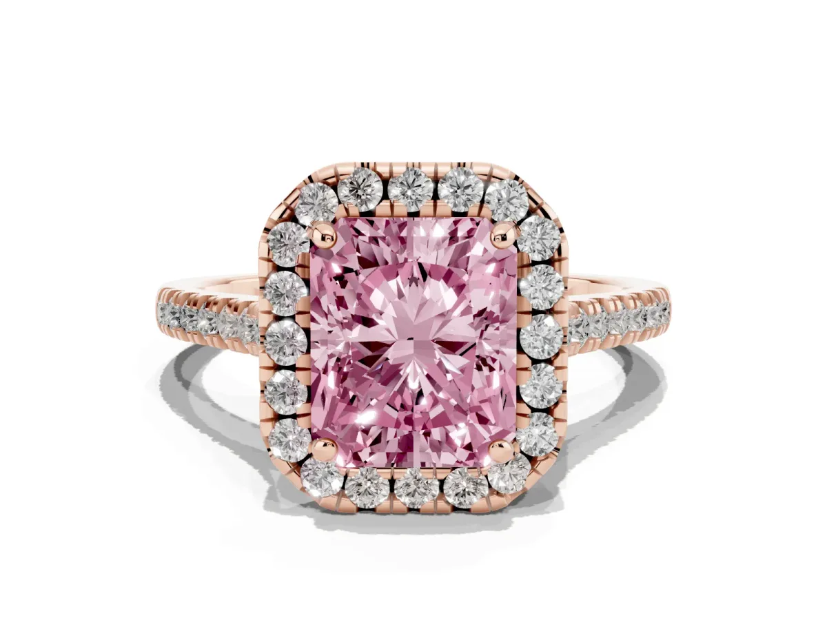 Fancy Pink Radiant Cut Diamond Cushion Halo Ring with Pavé Band Rose gold