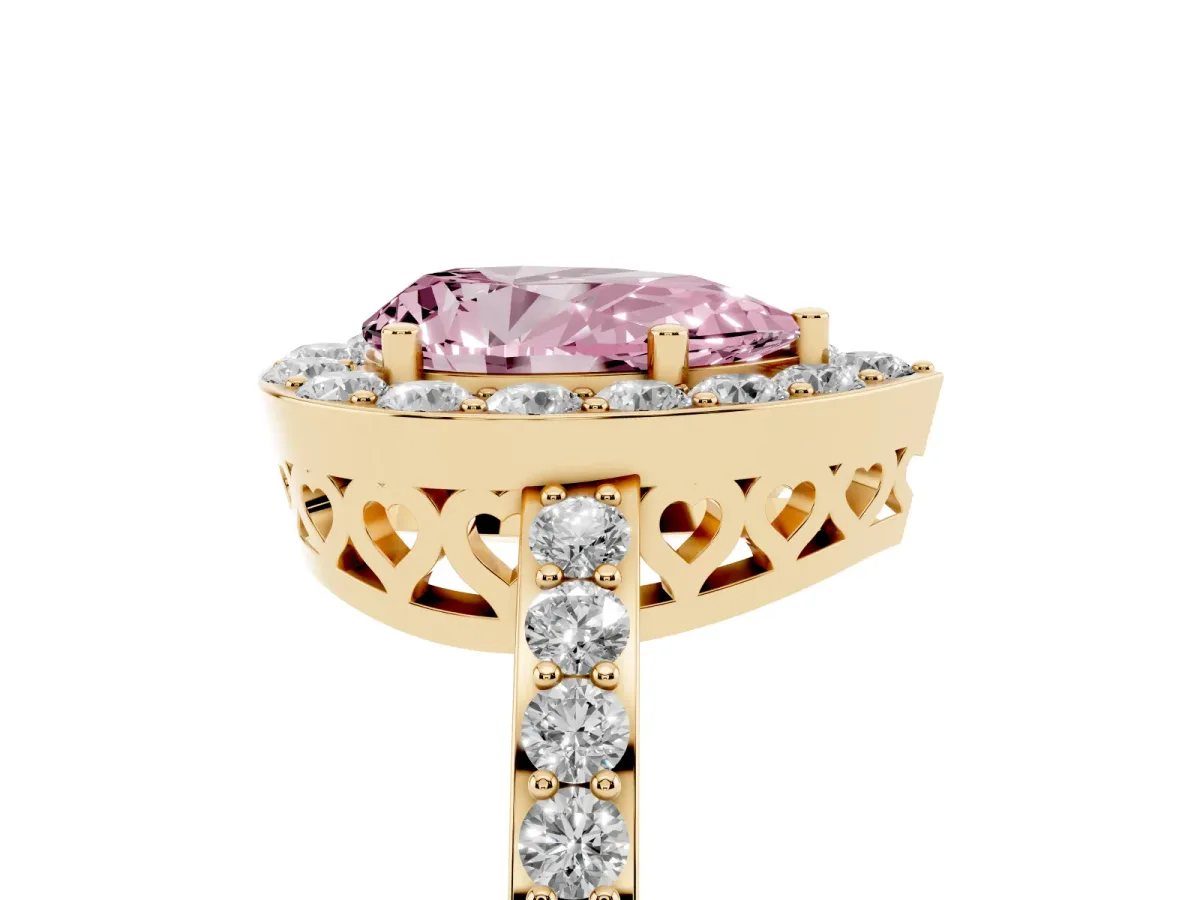 Fancy Pink Pear Cut Halo Diamond Pavé Band Ring with Prong Setting Yellow gold