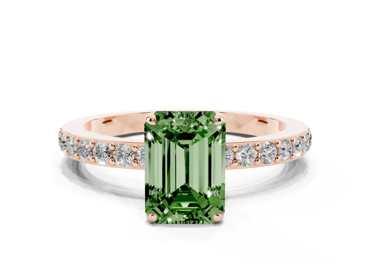 Fancy Green Emerald Cut Diamond Solitaire Engagement Ring with Pavé Band and Four-Prong Setting Rose gold
