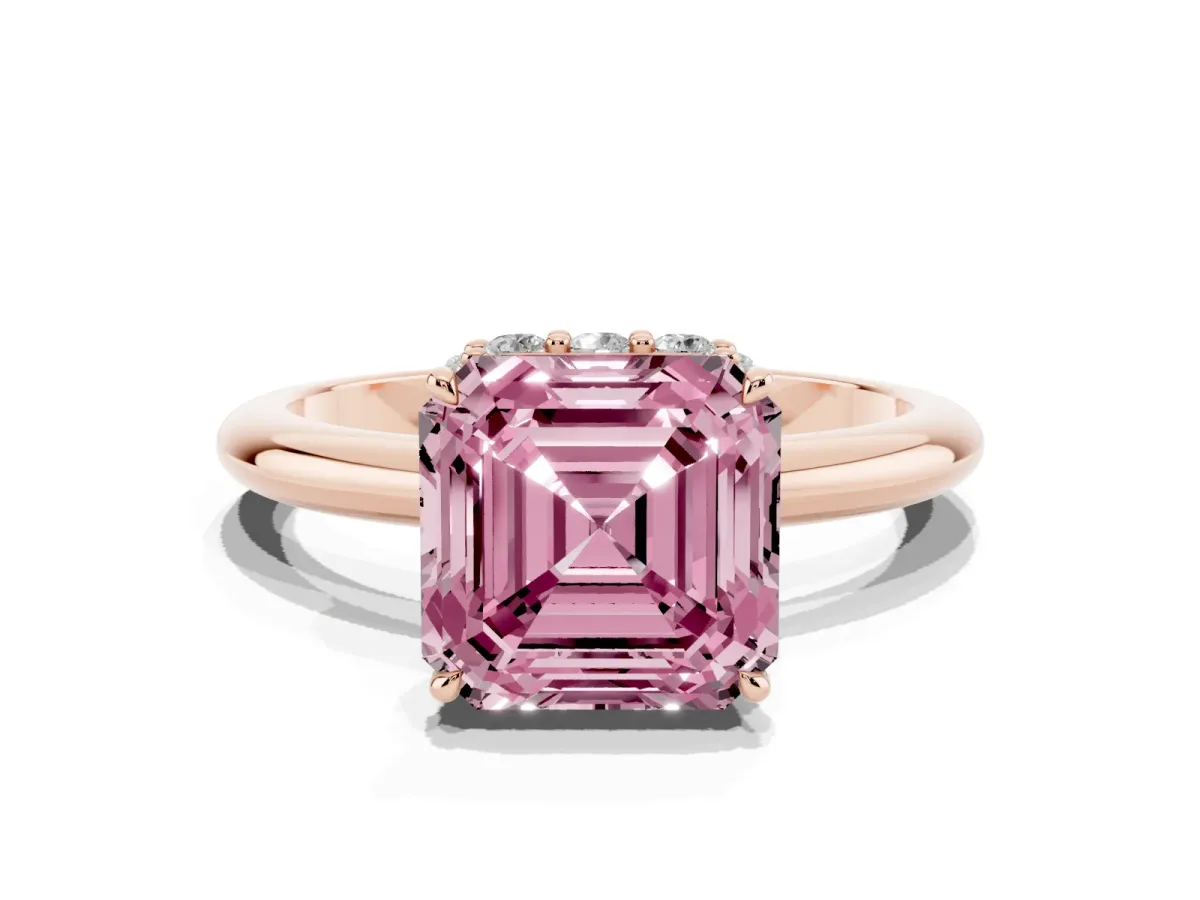 Fancy Pink Asscher Cut Brilliant Solitaire Engagement Ring with Six-Prong Setting and Classic Band Rose gold