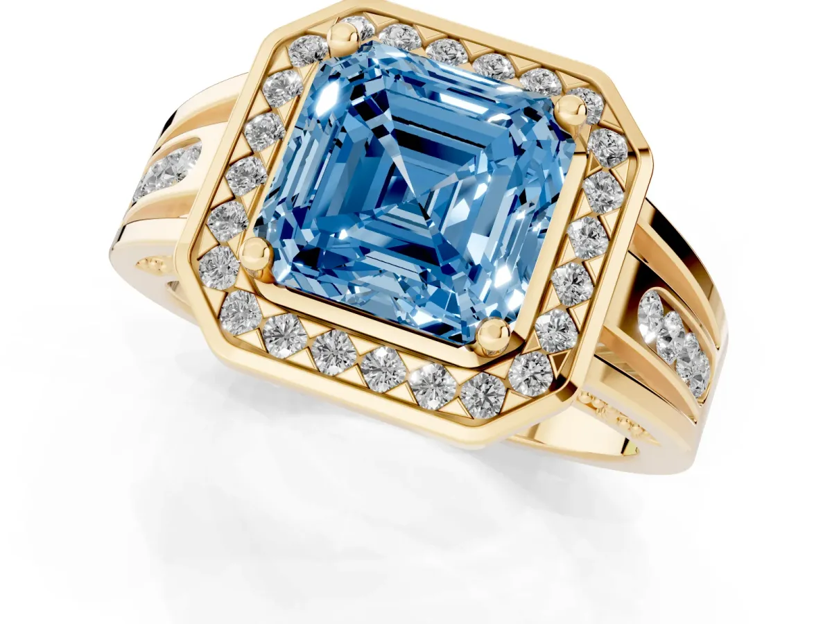 Fancy Blue Asscher Cut Diamond Halo Ring with Split Shank and Bezel Accents and Prong Setting Yellow gold