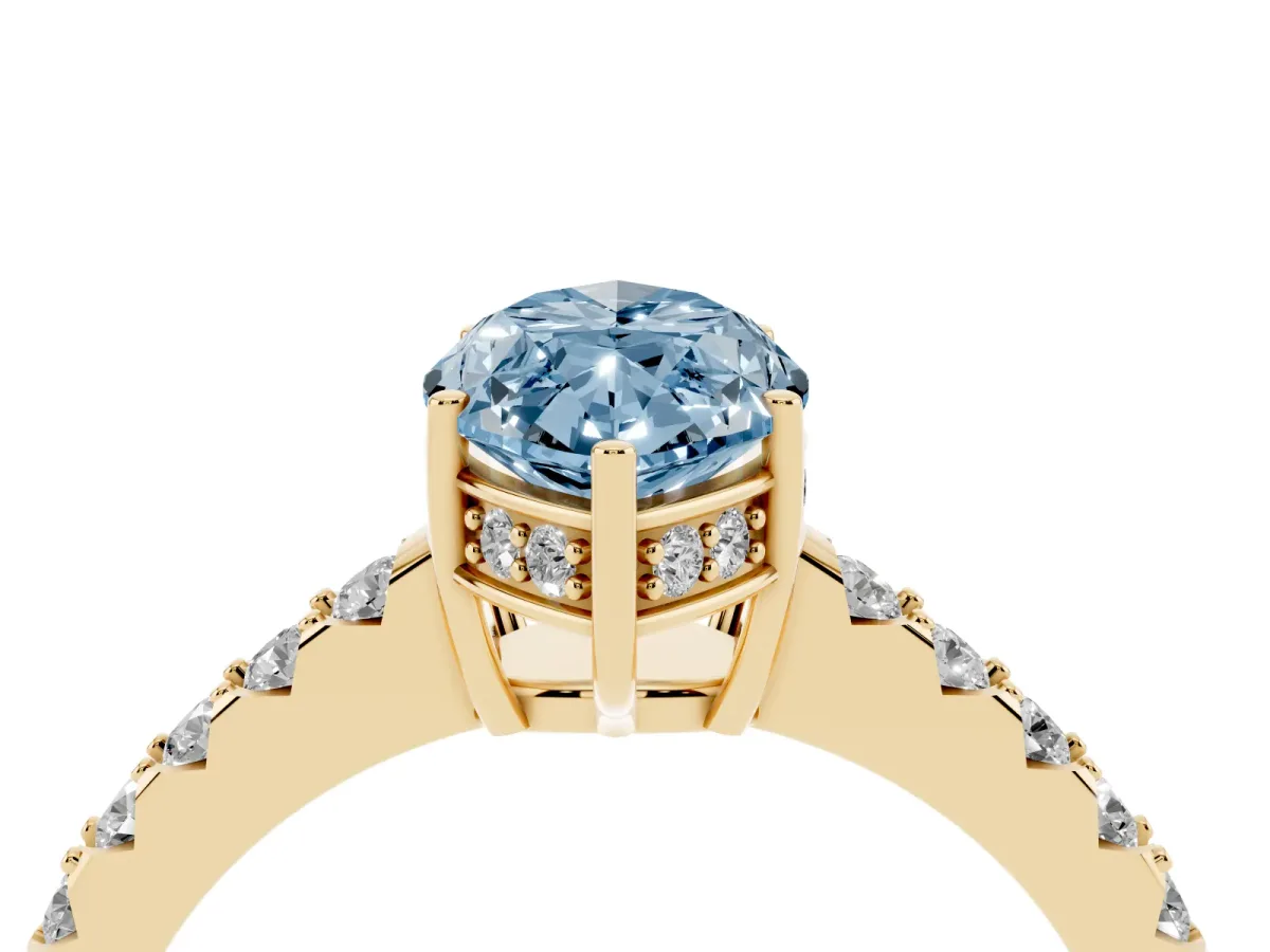 Fancy Blue Marquise Cut Solitaire Diamond Engagement Ring with Pavé Band and Six-Prong Setting Yellow gold