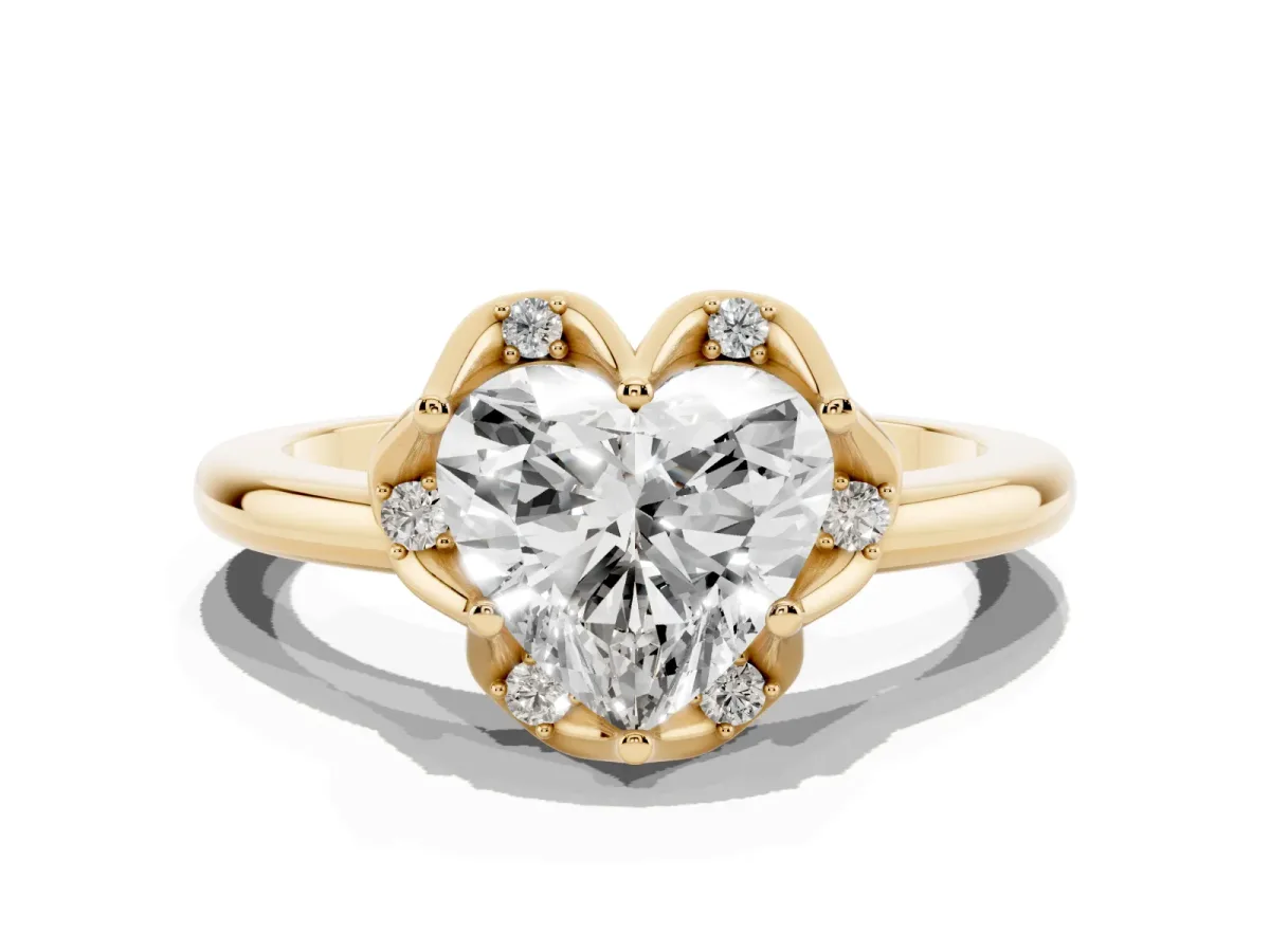 Heart Cut Halo Diamond Ring with Round Cluster Setting, Solitaire Band, and Four-Prong Setting Yellow gold