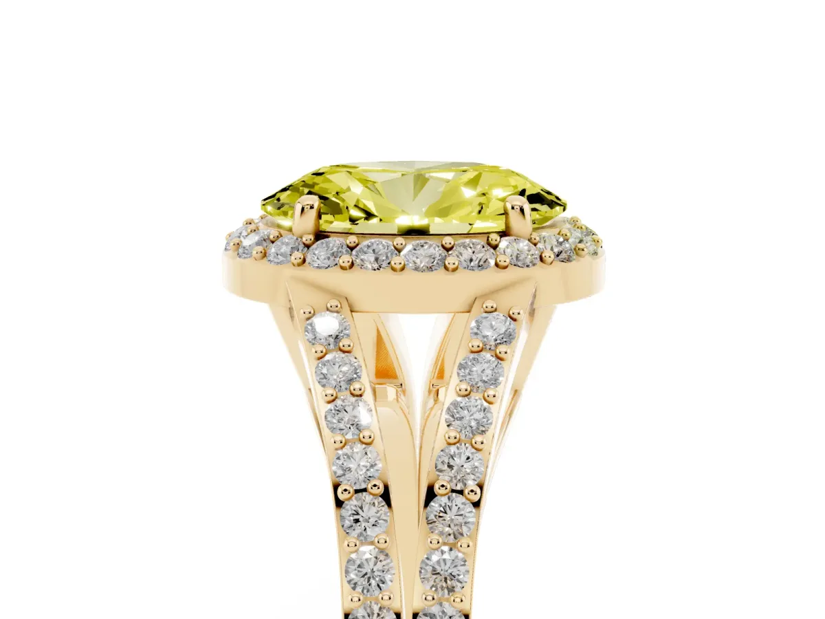 Fancy Yellow Oval Cut Halo Split Shank Diamond Ring with Prong Setting Yellow gold