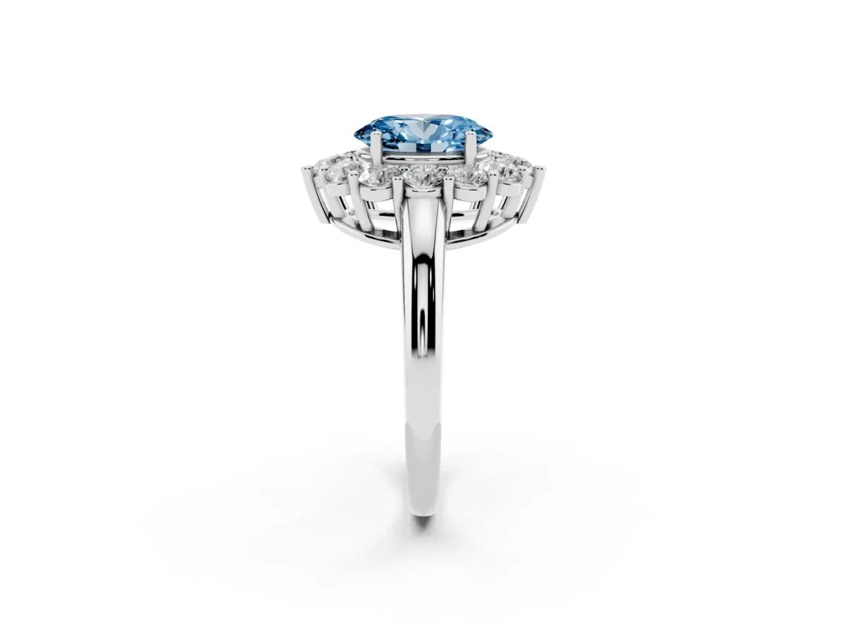 Fancy Blue Oval Cut Halo Cluster Diamond Engagement Ring with Prong Setting and Polished Band Silver