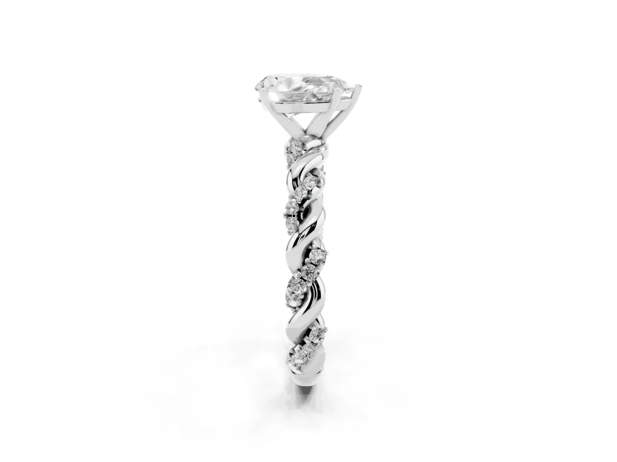 Pear Cut Diamond Solitaire Ring with Twisted Band and Pavé Accents Silver