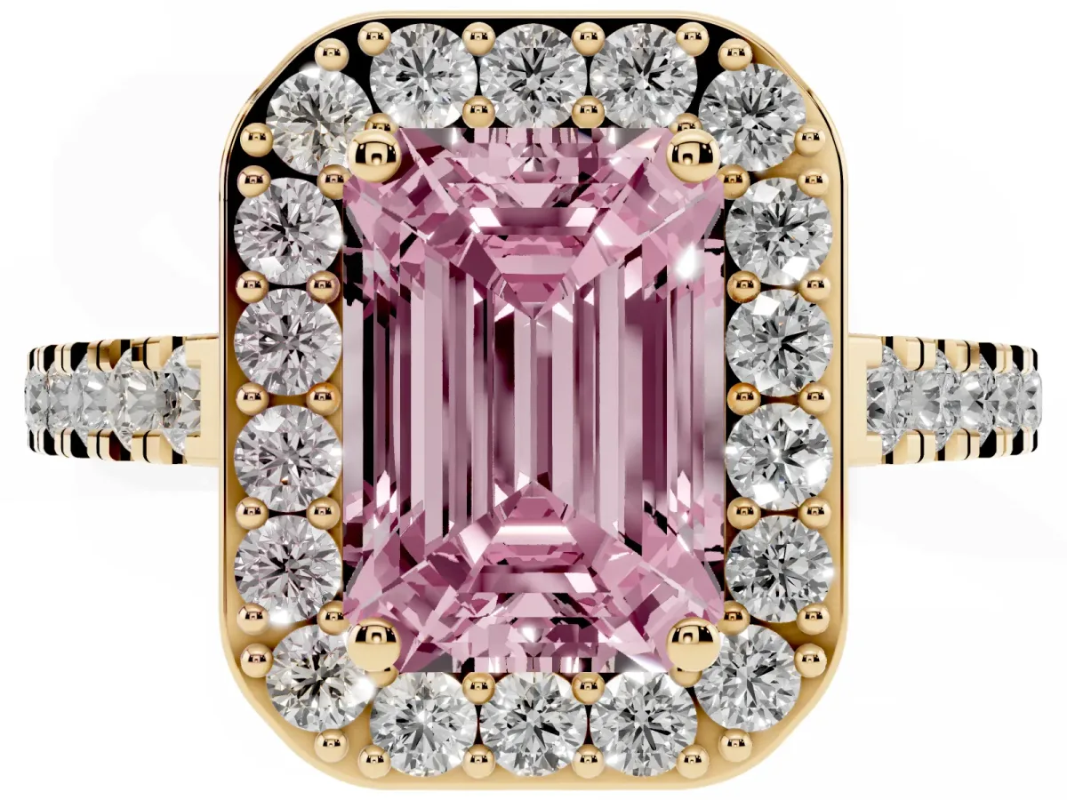 Fancy Pink Emerald Cut Diamond Halo Ring with Round Pavé Split Shank and Prong Setting Yellow gold